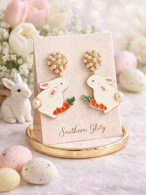 Easter Bunny Earrings, Pearl Bunny Dangle Earrings, Cute Spring Jewelry, Easter